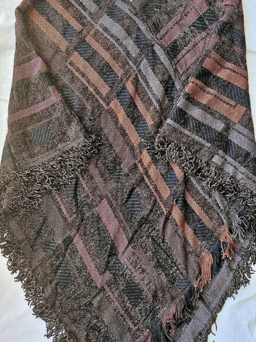 Handmade Susan Cowan Welch Hand Woven Boho Fringe Poncho Wrap Shawl